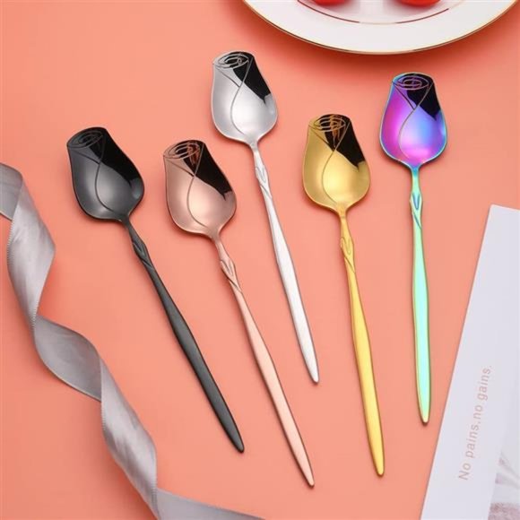 Stainless Steel Spoon Set 5 Pack Rose flower shaped spoon Coffee spoon